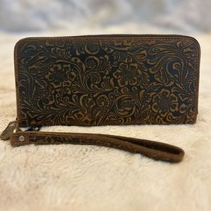 Tooled Leather Wallet Wristlet